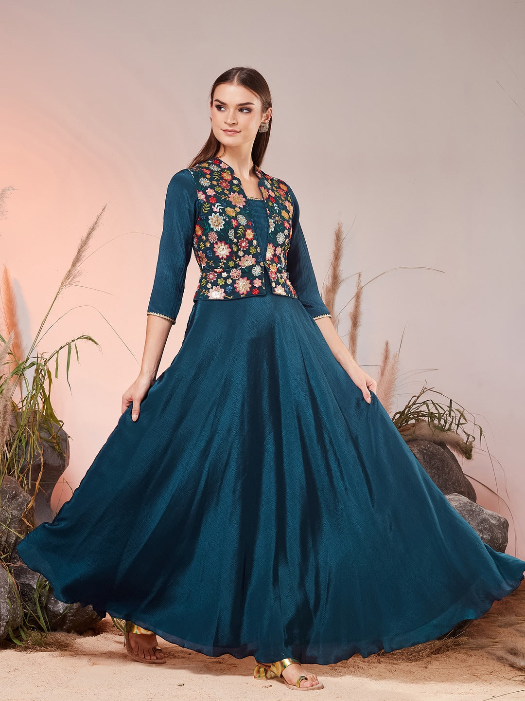 Teal Mandarin Collar Tapered Square Neck 3/4 Sleeve Embellished Jacket Style Maxi Chiffon Ethnic Dress for Women