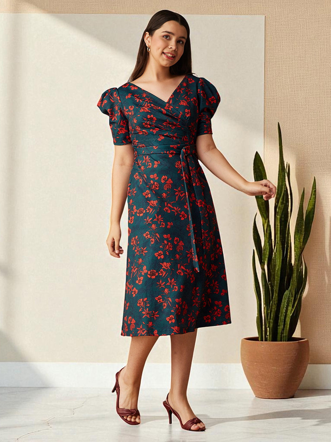 Multicolored-Base-Teal V-neck Puff Sleeve Floral Wrap Midi Dress for Girls/Teenagers for Women — Mizuki