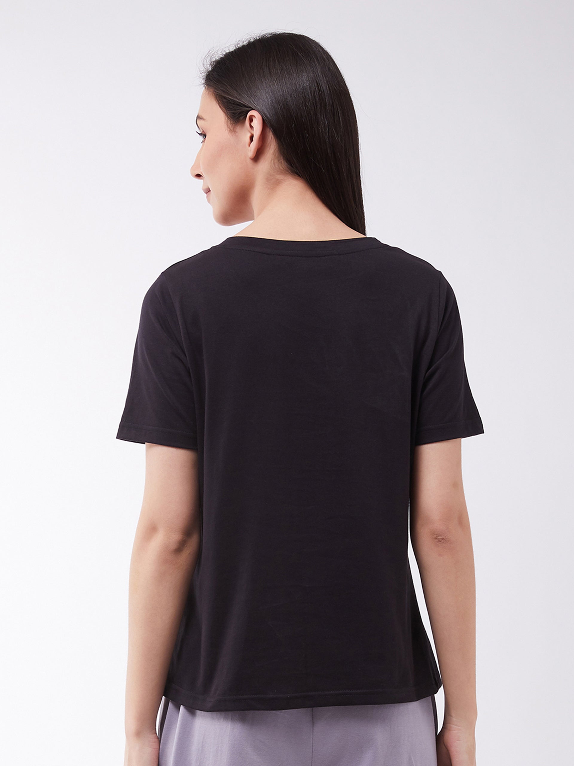Women's Black Cotton Solid Regular Length Round Neck Short Sleeves Loungewear T-shirt