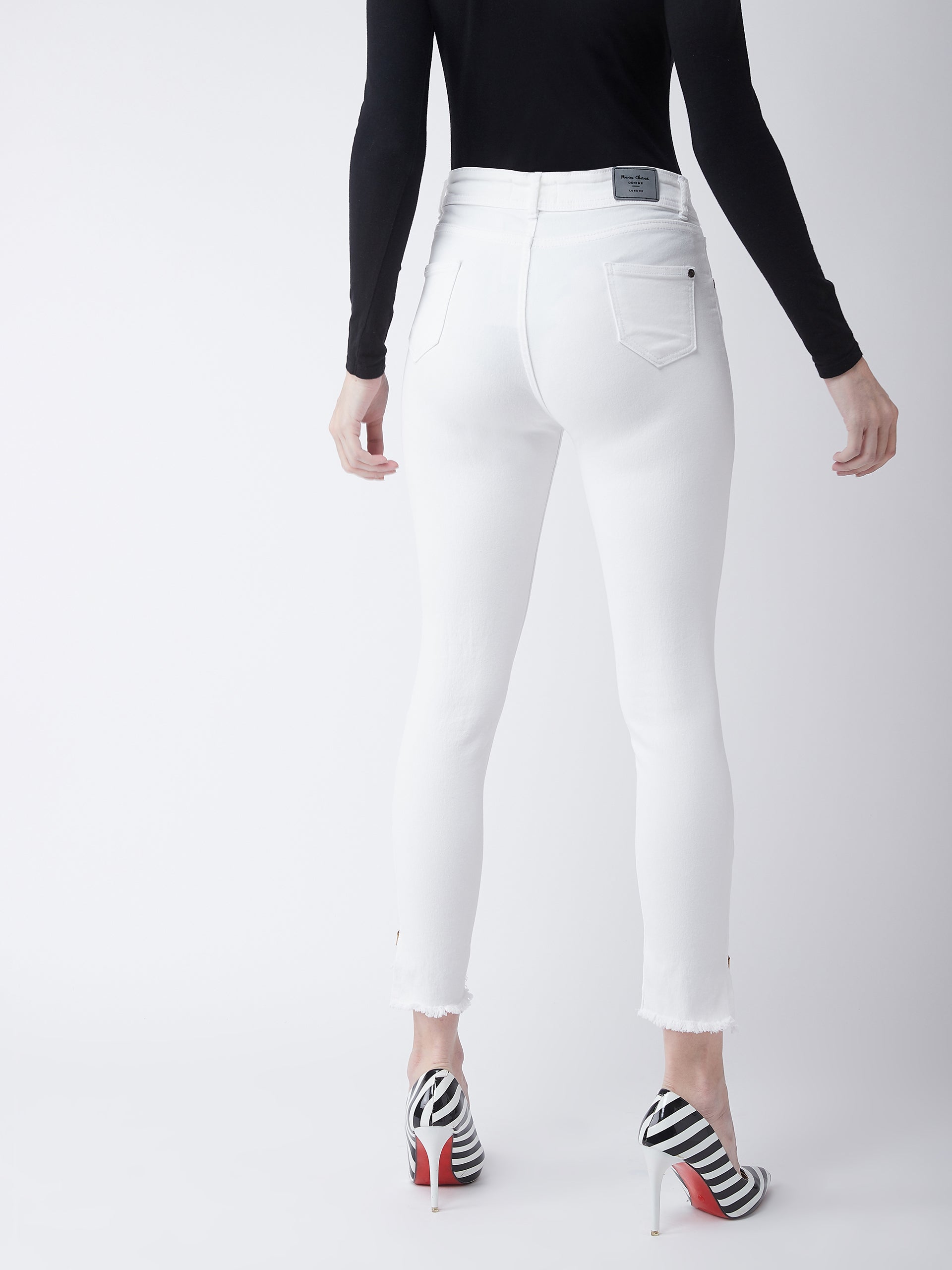 Women's White Skinny-Fit High-Rise Side-Slit Raw Edge Detailing Clean-Look Cropped Stretchable Denim Jeans