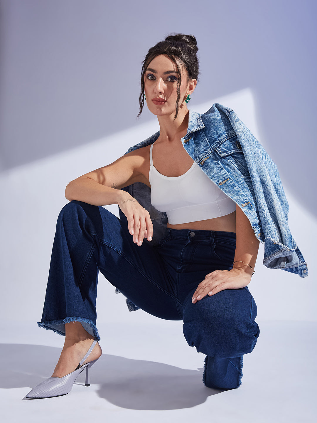 24/7 Comfort Navy-Blue Wide-Leg High-Rise Clean-Look Regular-Length Stretchable Denim Jeans for Women — Miss Chase