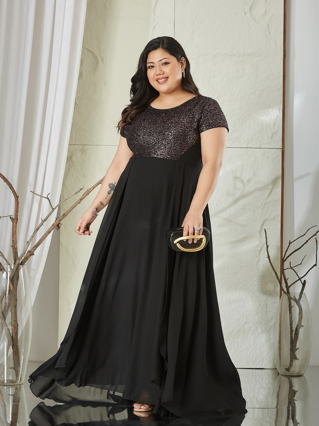 Black Round Neck Short Sleeve Embellished Fit & Flare Maxi Georgette Dress for Women