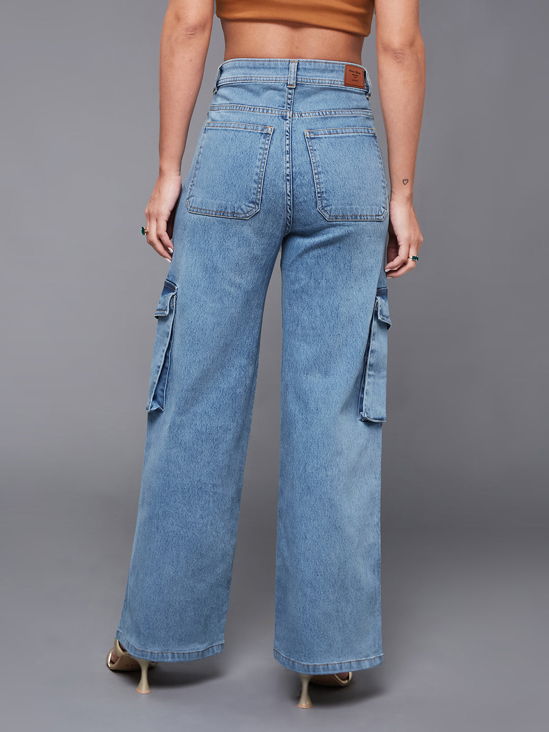 24/7 Comfort Blue Wide-Leg High-Rise Stretchable Cargo Denim Jeans