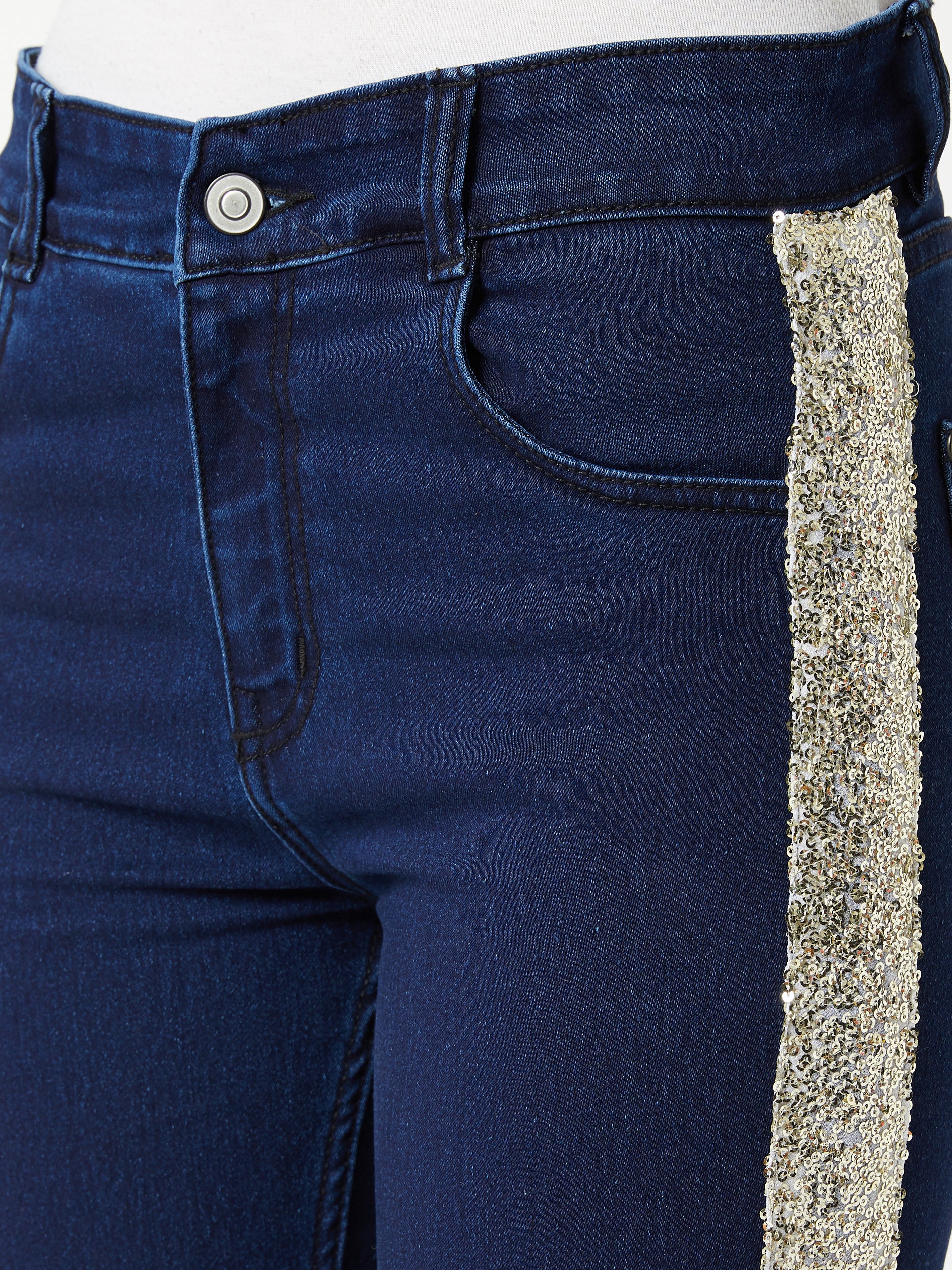 Women's Navy-Blue Skinny Mid-Rise Clean-Look Glitter Denim Jeans Pant