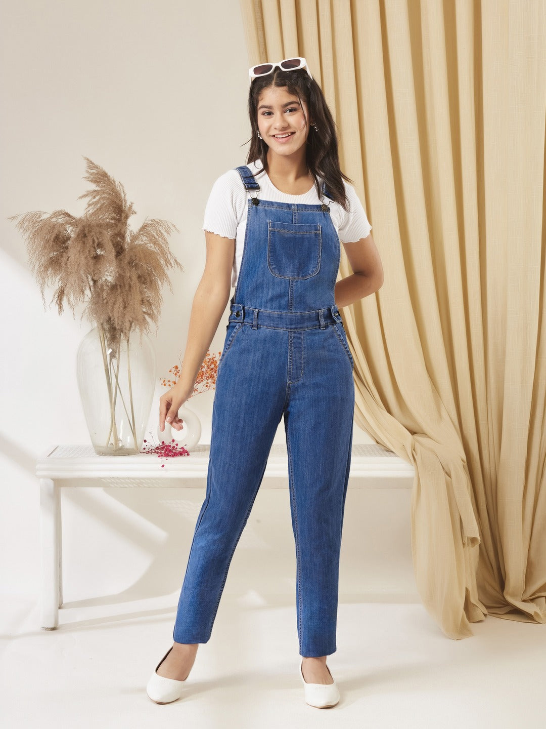 Blue Regular Fit Mid Rise Denim Dungaree for Girls/Teenagers