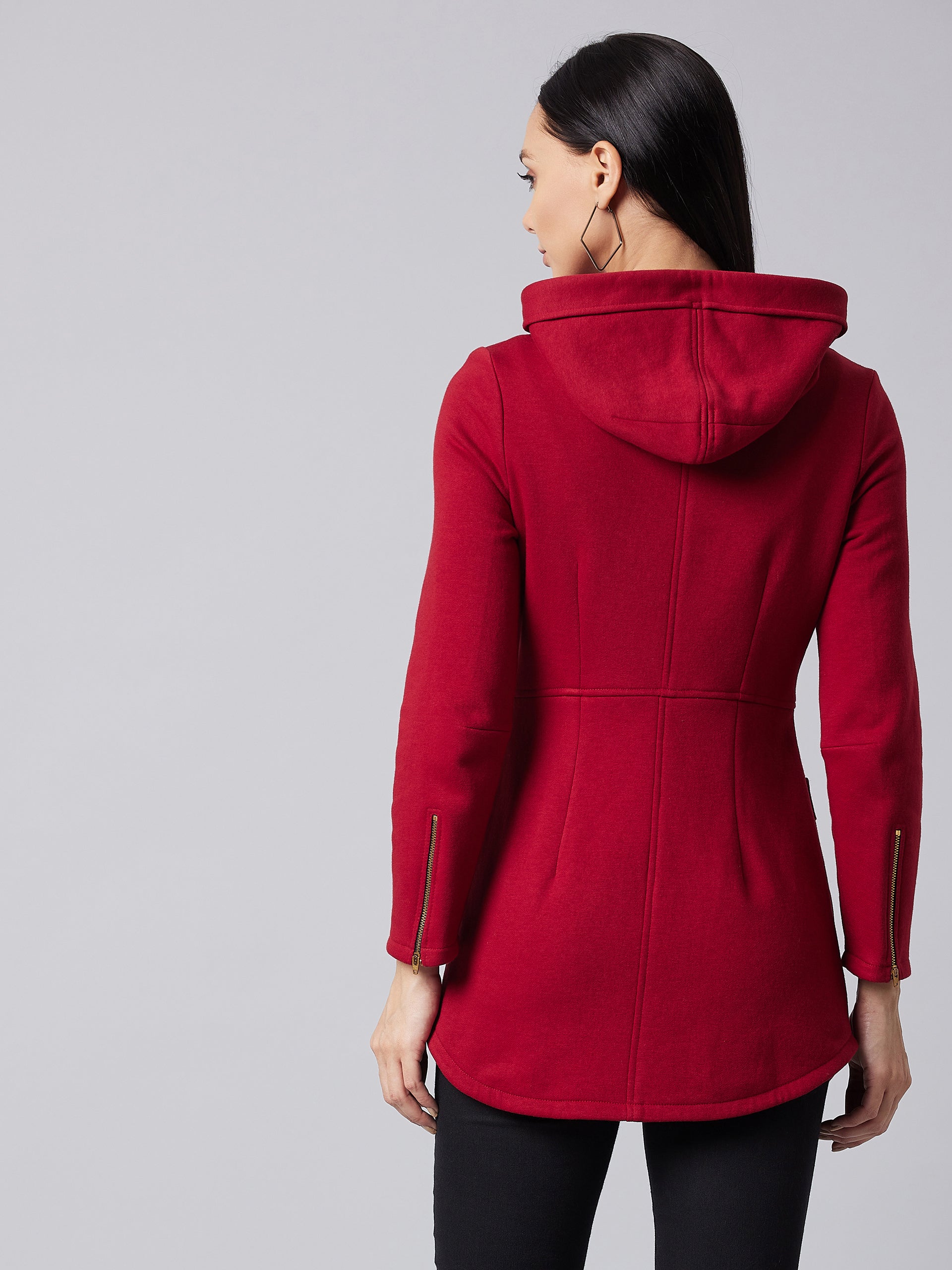 Women's Maroon Hooded Full Sleeve Solid Hooded Longline Jacket