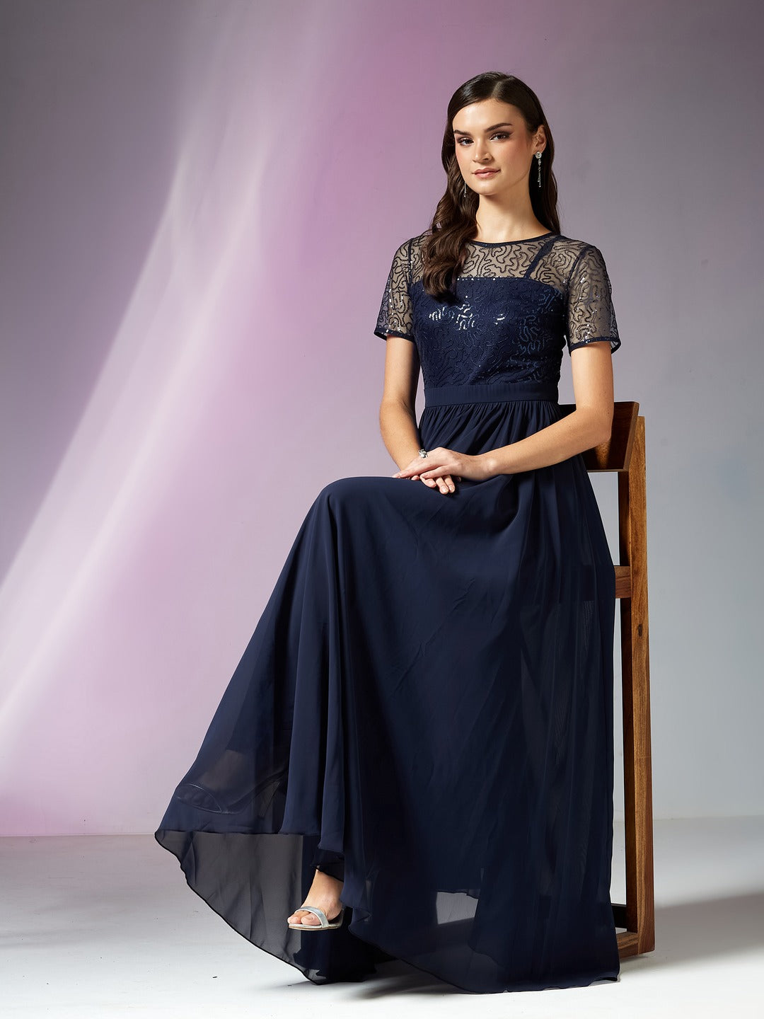 Navy-Blue Relaxed Fit Maxi Georgette & Sequins Dress for Women