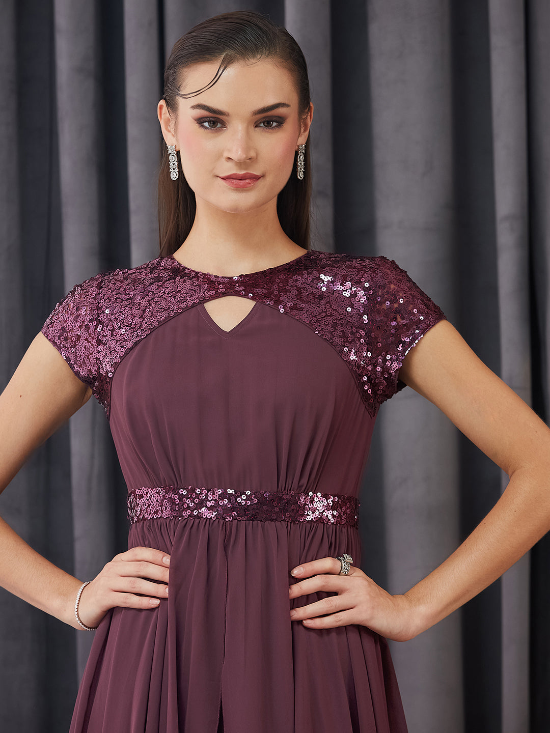 Women's Mauve Keyhole Short Sleeve Embellished Layered georgette Maxi Dress