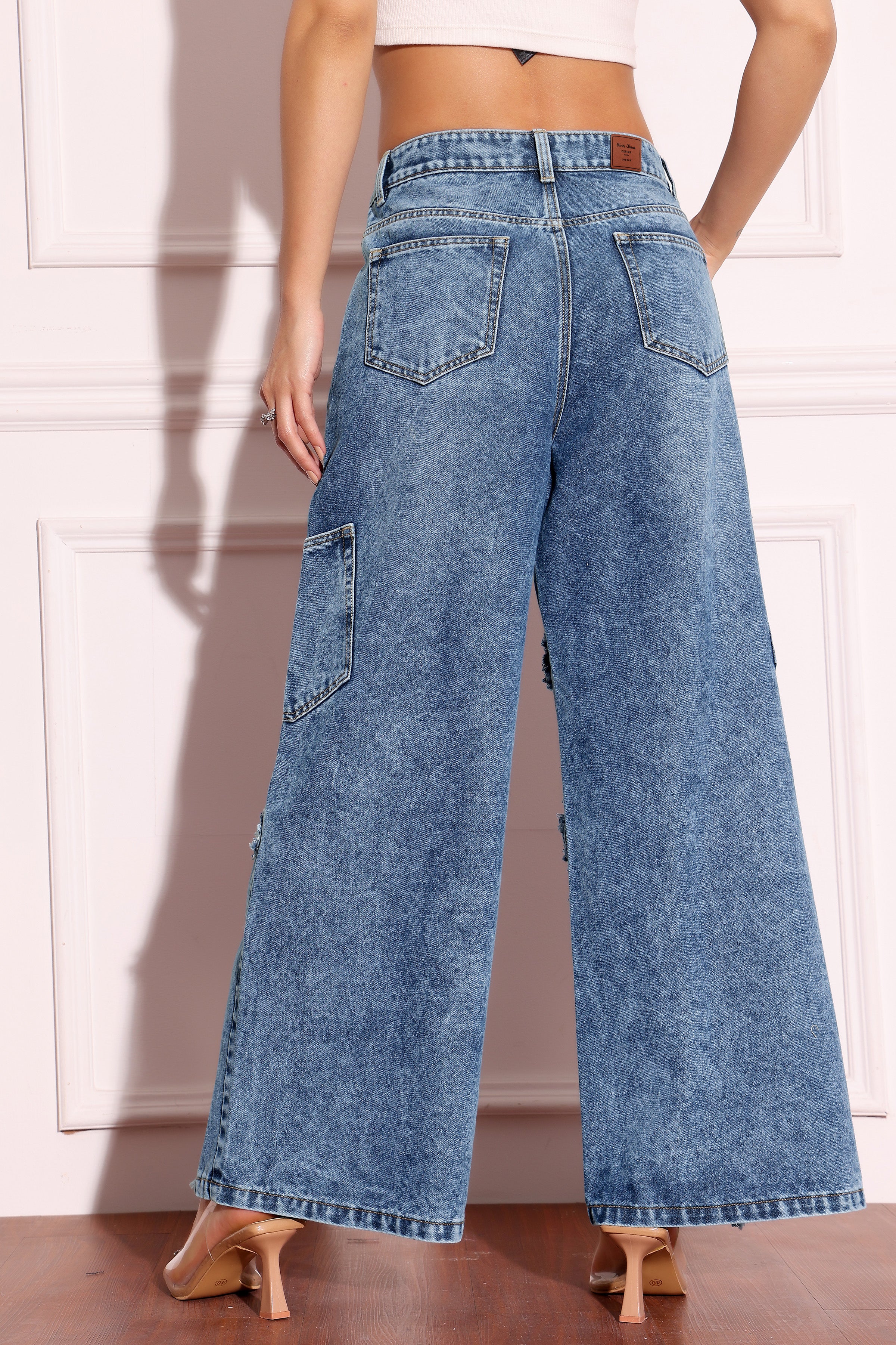 Women's Navy-Blue Wide-Leg High-Rise Highly-Distressed Regular-Length Denim Jeans
