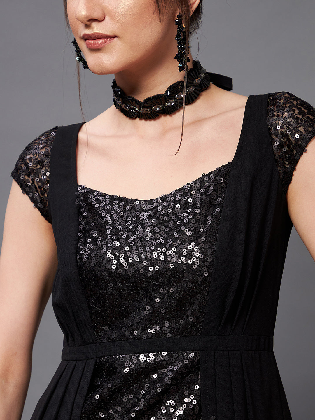 Women's Black Embellished Fit & Flare Maxi Dress