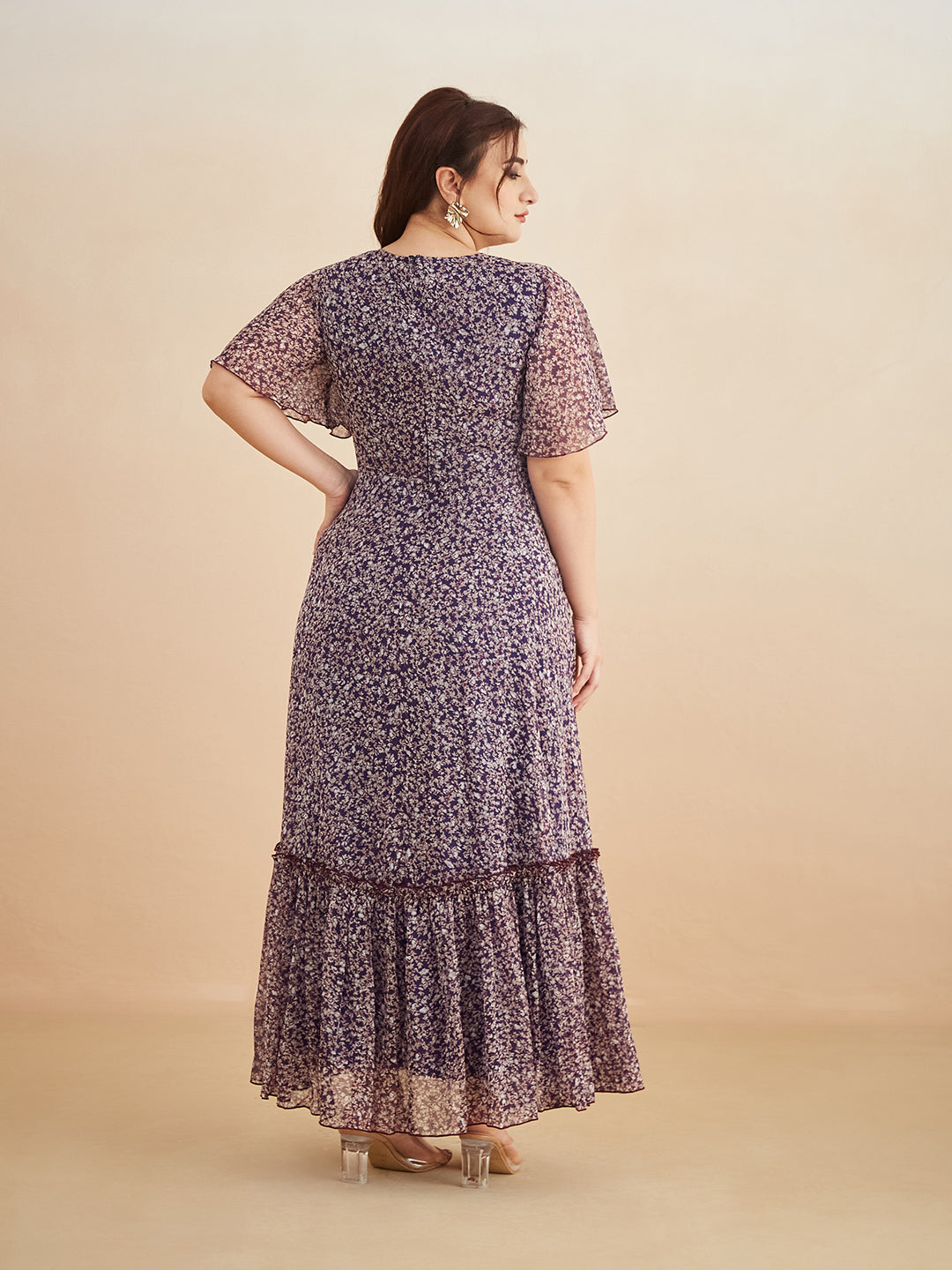 Purple V Neck Flared Sleeve Floral Wrap Chiffon Maxi Dress for Women