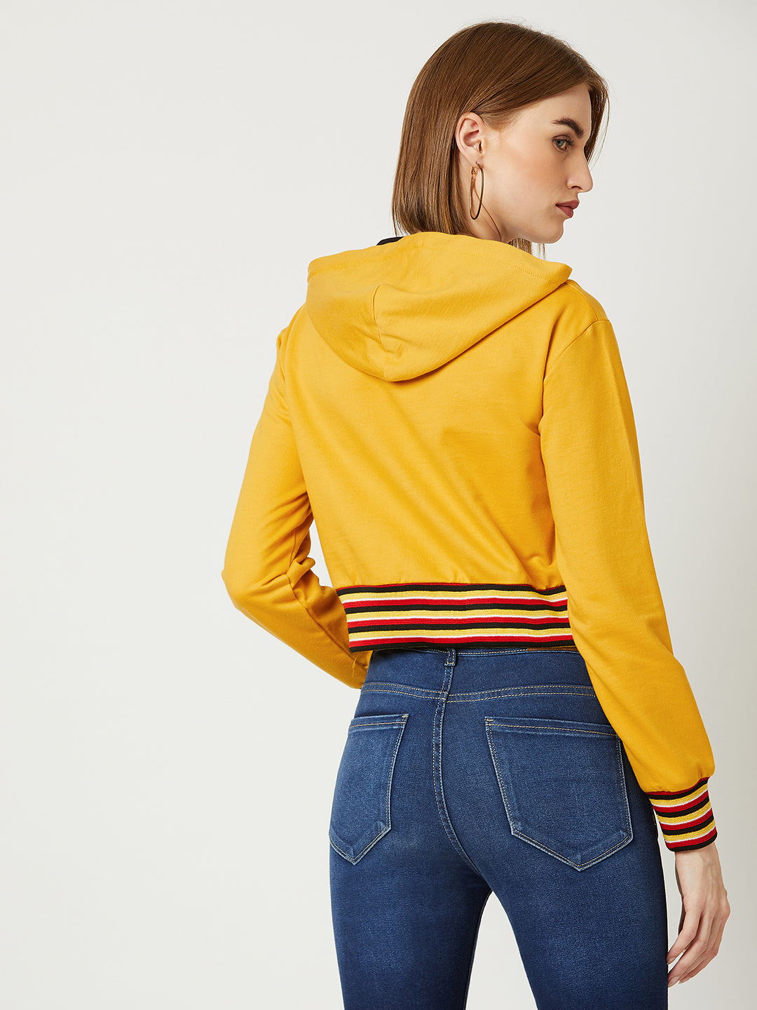 Women's Mustard Yellow Hooded Full Sleeves Loop knit, Rib Solid Boxy Cropped Eyelet Detailing Sweatshirt