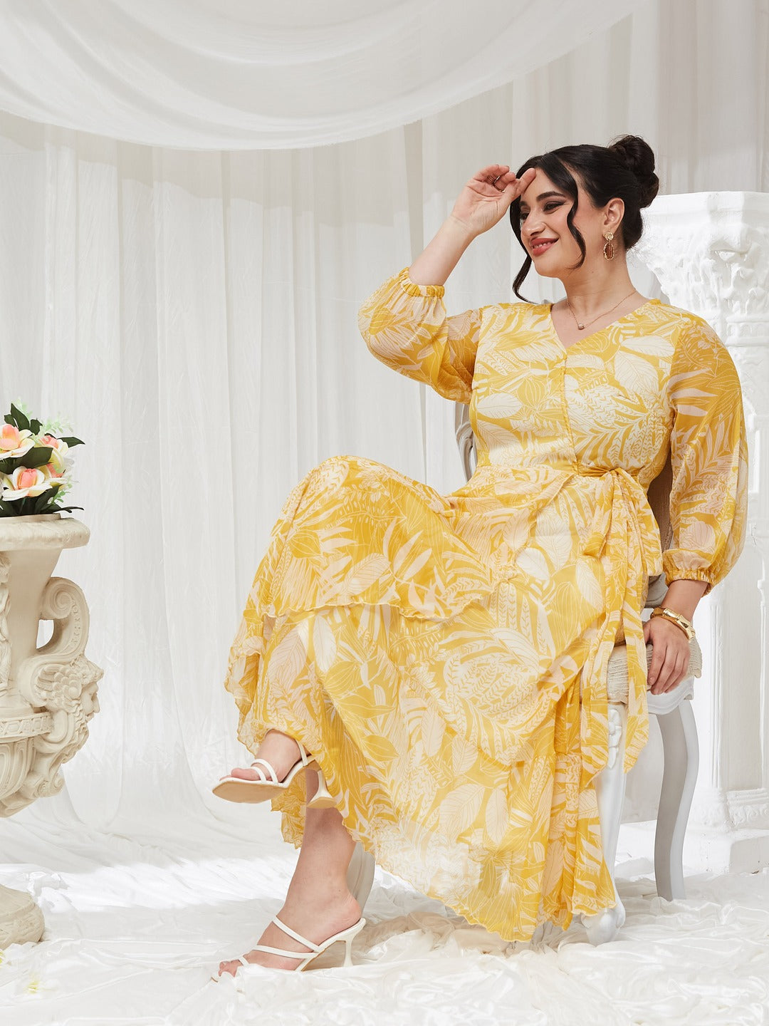 Yellow & White V neck Full sleeve Floral Layered Maxi Dress for Women — Miss Chase A+