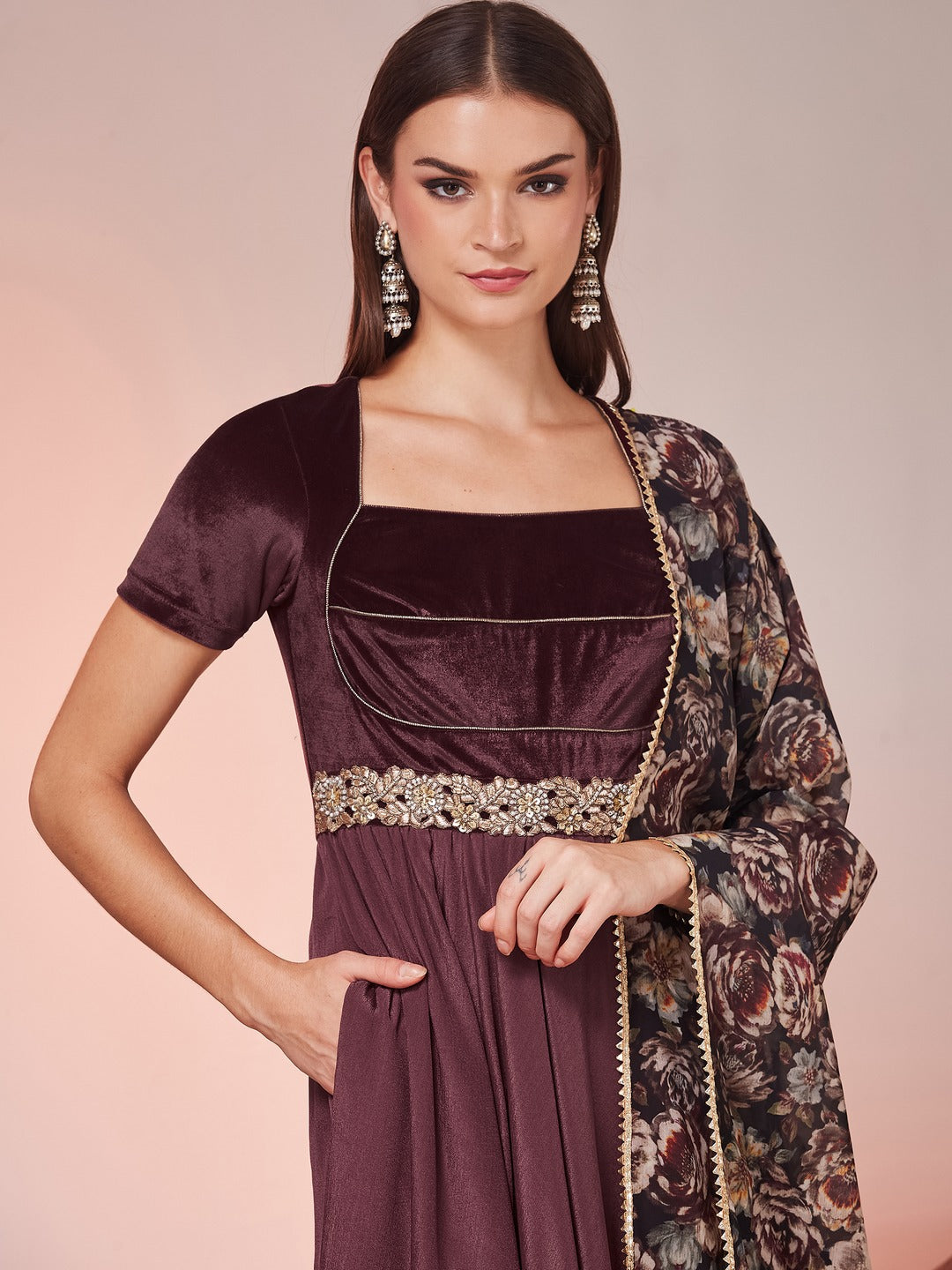 Dark Mauve Sweetheart Neck Half Sleeve Solid Fit & Flare Maxi Chiffon Ethnic Dress for Women