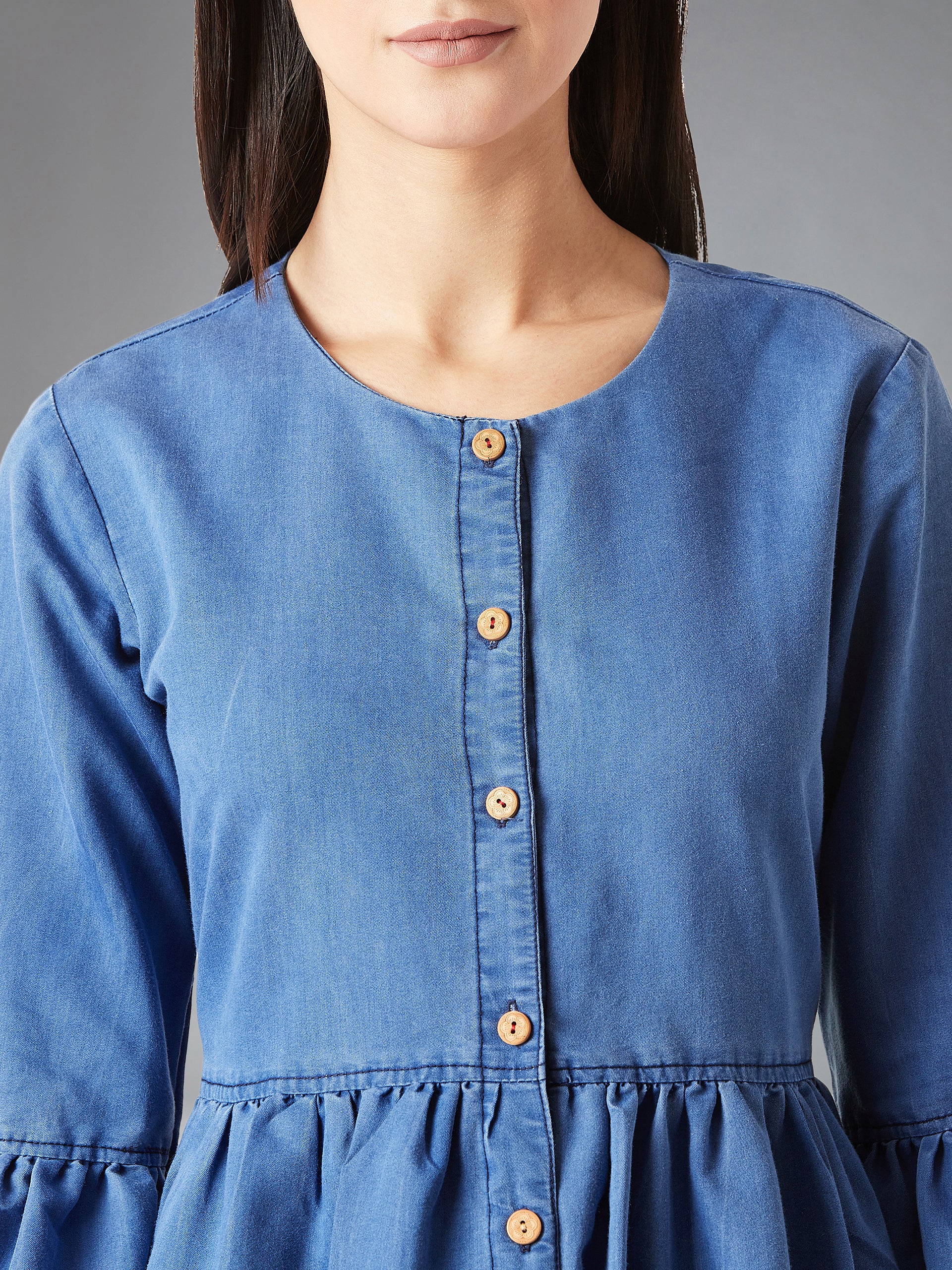 Women's Blue Round Neck Ruffled Full Sleeve Denim Solid Buttoned Midi Dress
