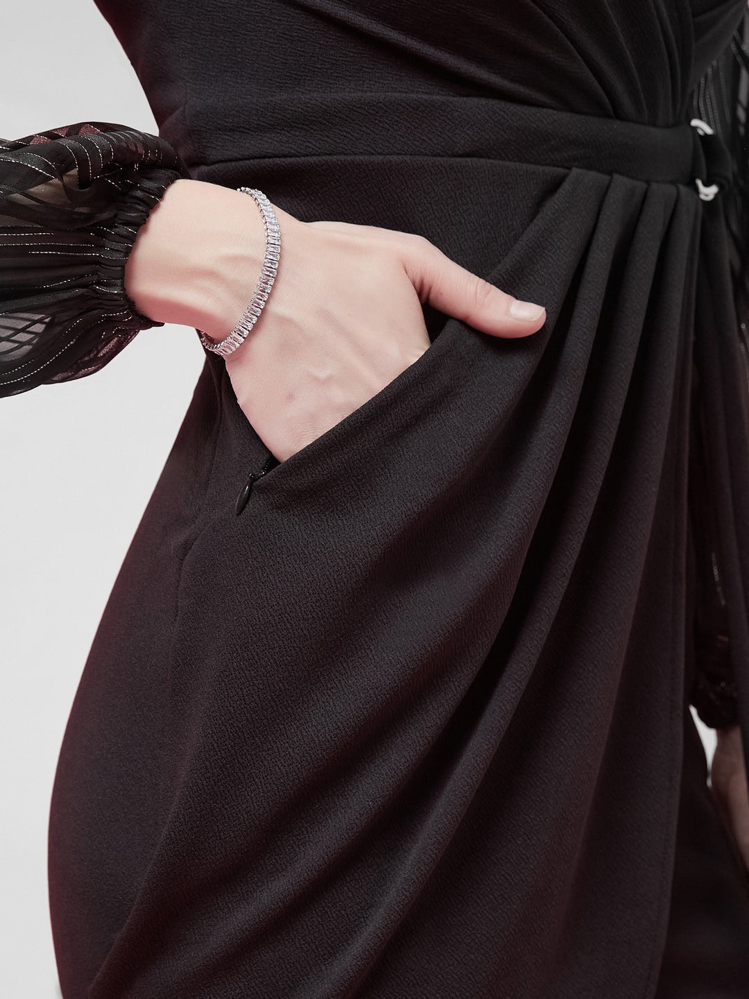 Black Solid V Neck Bishop Sleeves Front Pocketed Polyester Wrap Knee-Length Dress for Women