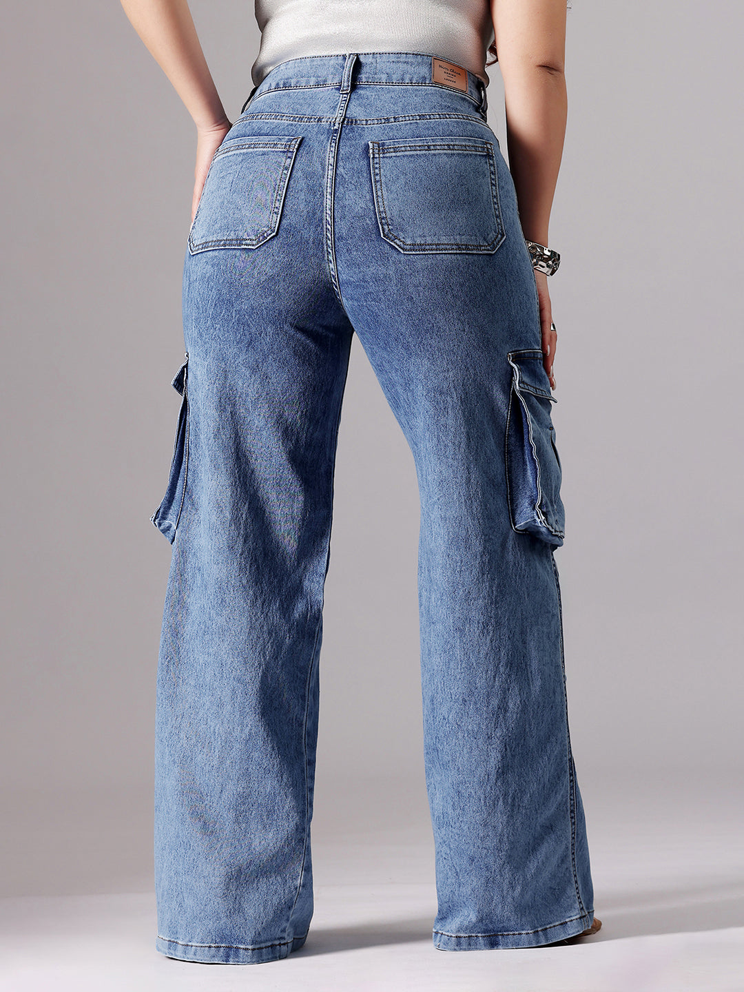 24/7 Comfort Blue Wide-Leg High-Rise Clean-Look Regular-Length Stretchable Patch-Pocketed Denim Jeans