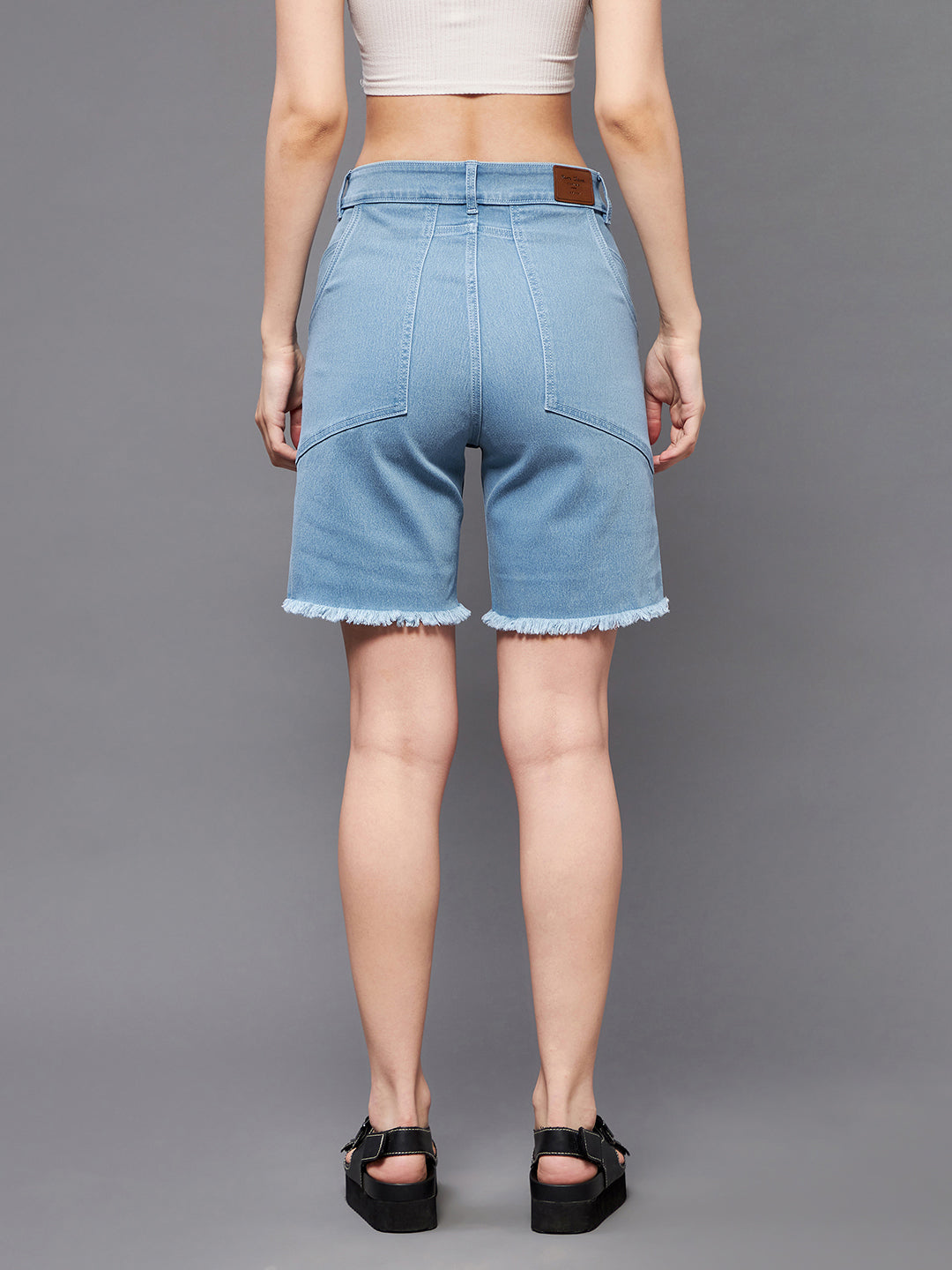Light-Blue Regular High-Rise Clean-Look Above Knee Stretchable Denim Shorts for Women