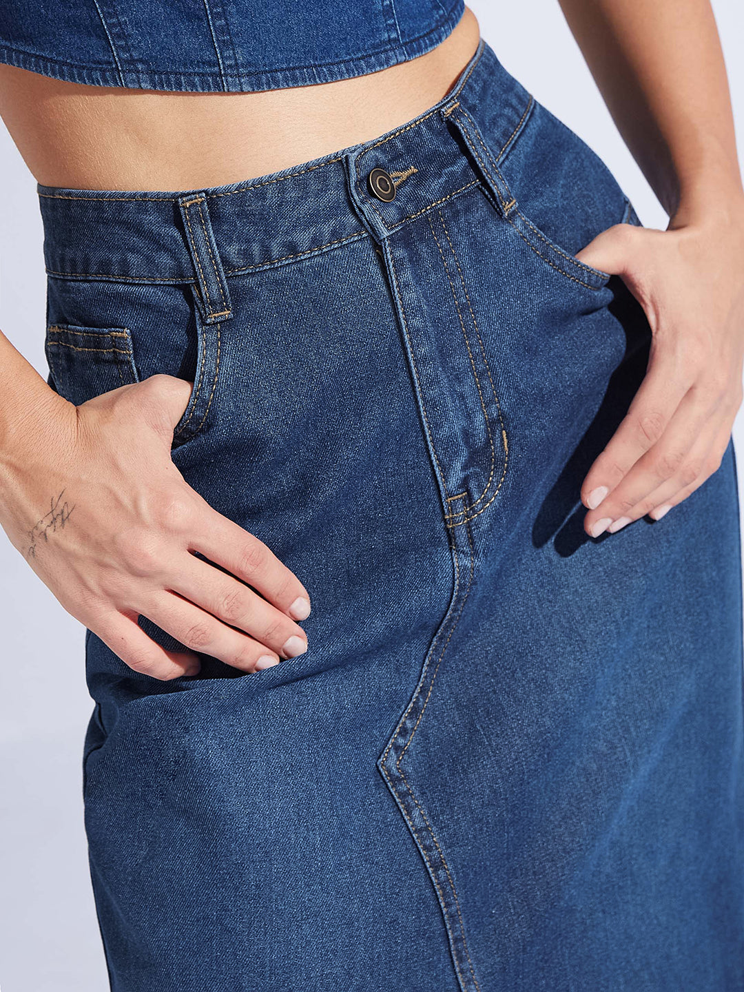 Women's Dark-Blue A-Line High-Rise Non-stretchable Denim Midi Skirt