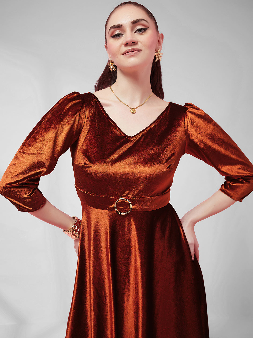Rust V-Neck Three-Quarter Sleeve Solid Fit & Flare Midi Velvet Dress for Women