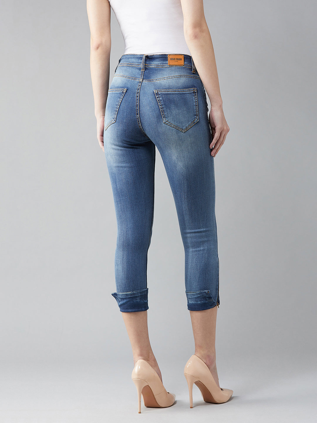 24/7 Comfort Mid-Blue Skinny Fit High Rise Ankle Length Acid Wash Blast Effect Denim Stretchable Jeans