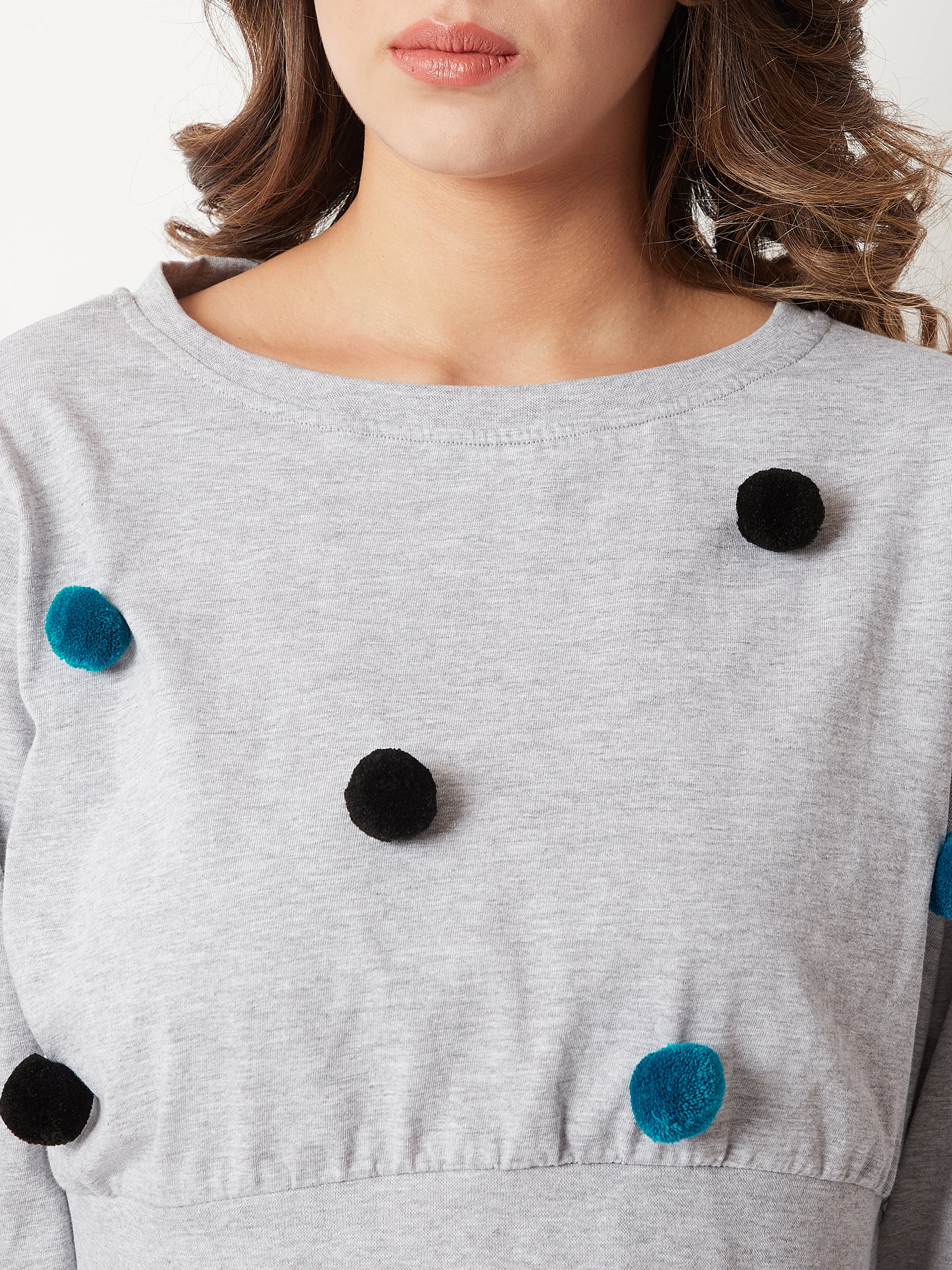 Women's Grey Round Neck Full Sleeve Cotton Solid Boxy Pompom Detailing Crop Top