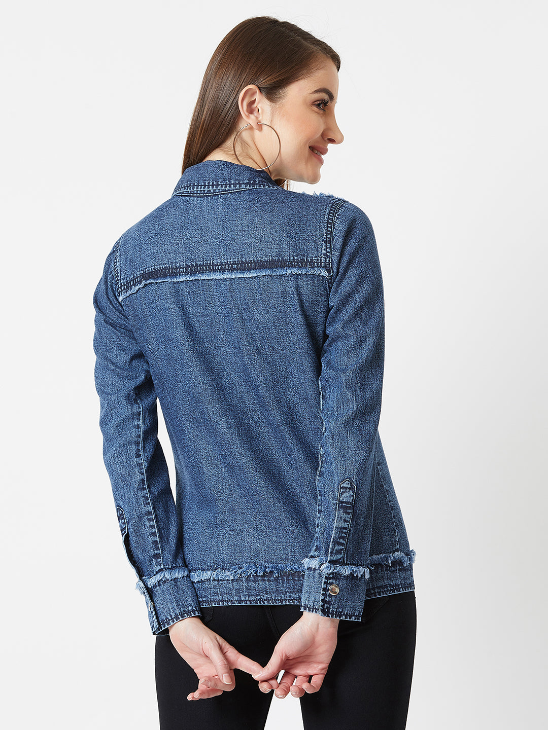 Women's Blue Polo Neck Full Sleeves Snap Button Detailing Denim Solid Regular Length Jacket