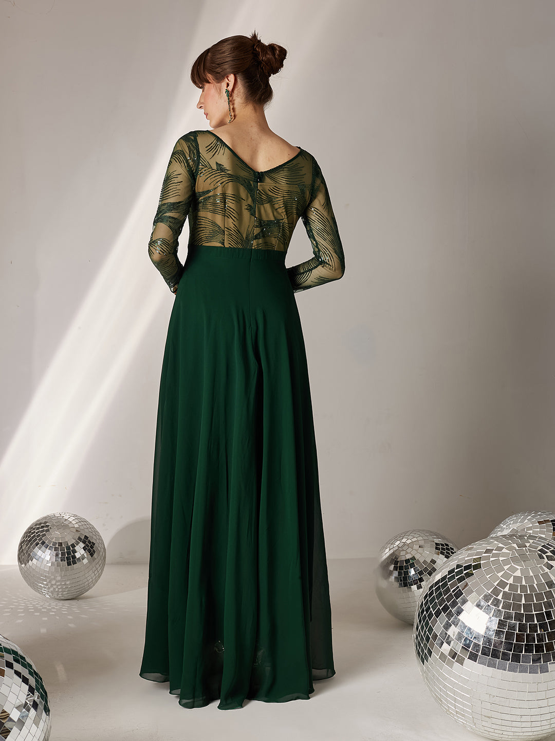 Women's Green & Beige Solid Embellished Maxi Dress
