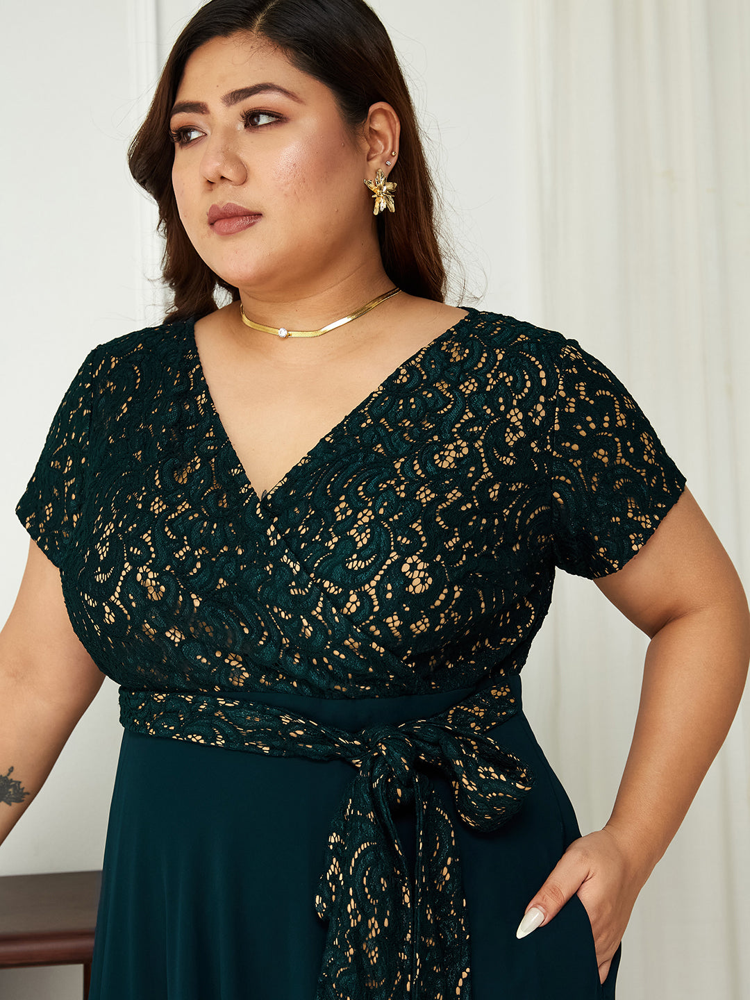 Body Bliss Teal Lace Overlaid Georgette Maxi Dress