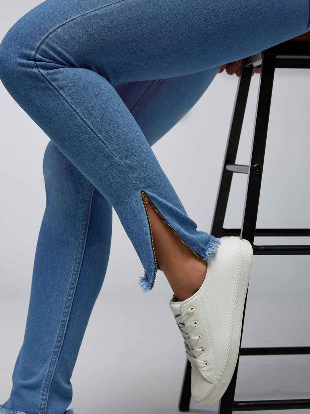 24/7 Comfort Mid-Blue Skinny-Fit High-Rise Fringe And Side Zipper Detailing Cropped Denim Jeans for Women