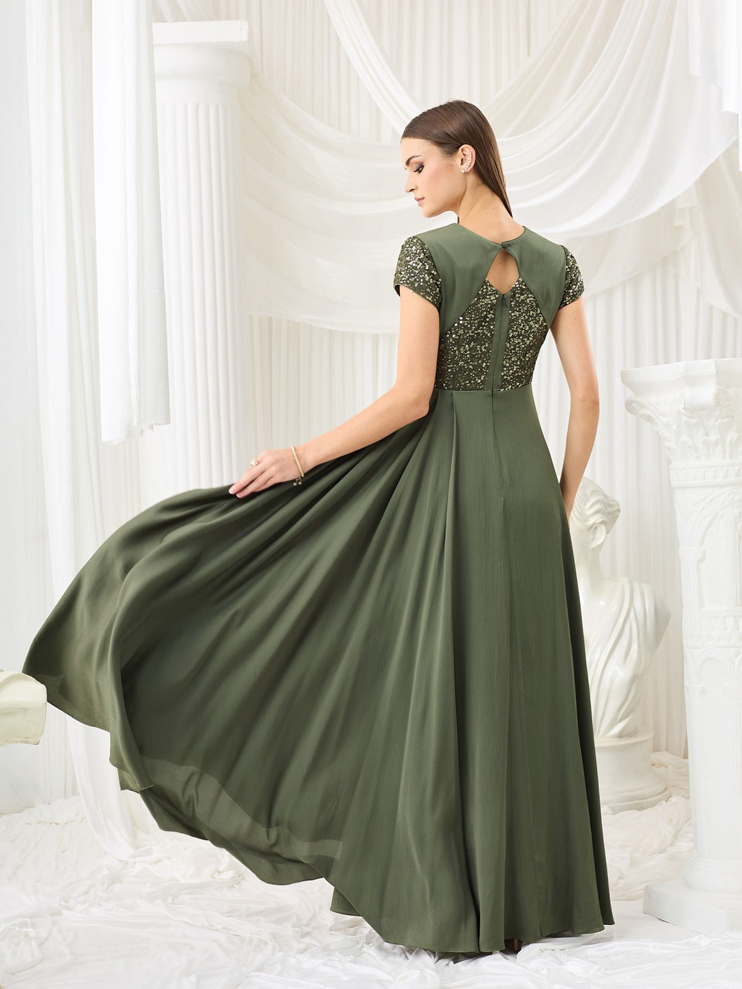 Embellished Pale Olive Gown in Asymmetric Draped Premium Satin for Women