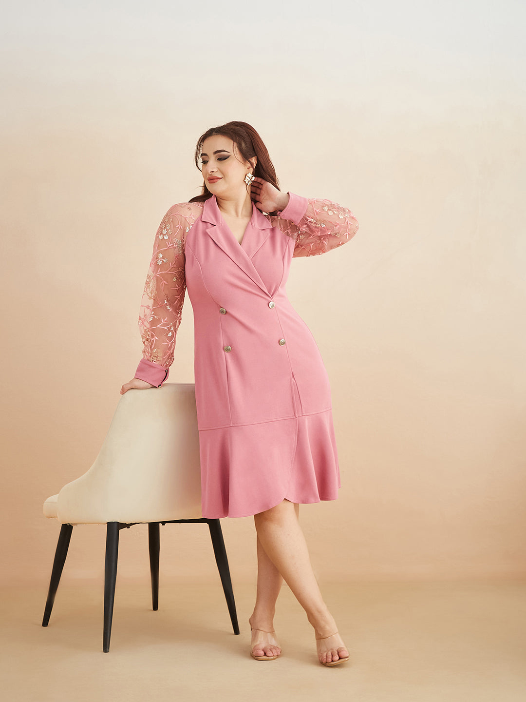 Dusty Pink & Golden Solid Embroidered Double Breasted Knee Length Dress for Women