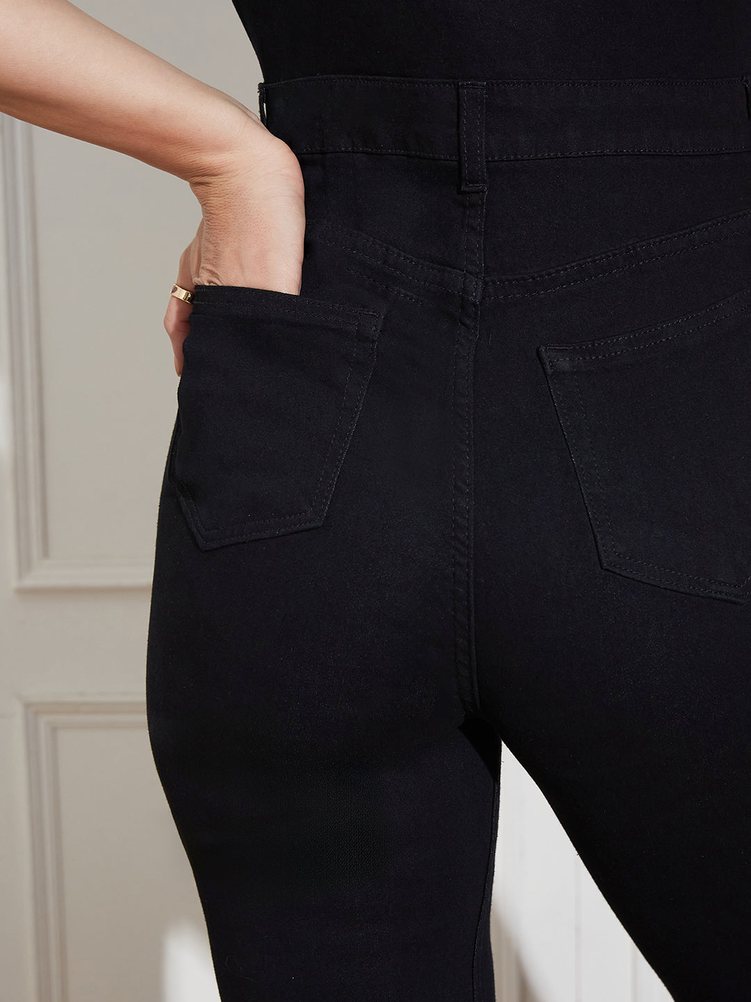 Women's Black Flared High Rise Regular Stretchable Denim Jumpsuit
