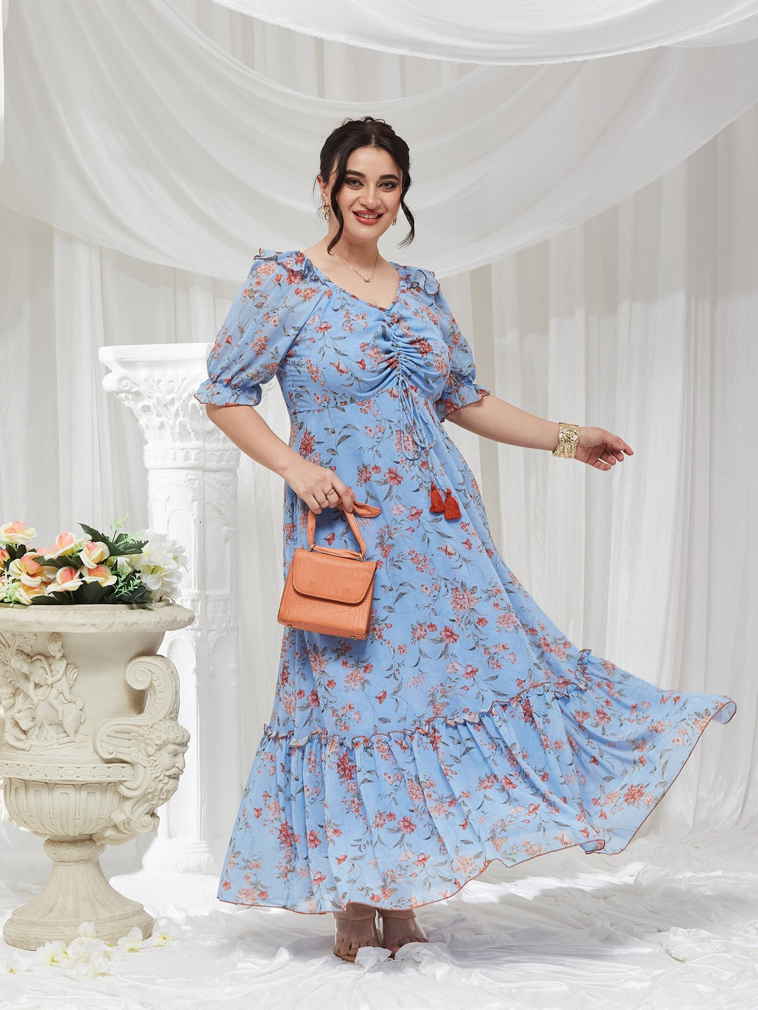 Powder Blue V-Neck Puff Sleeve Floral Ruching Ankle-Length Dress for Women — Miss Chase A+