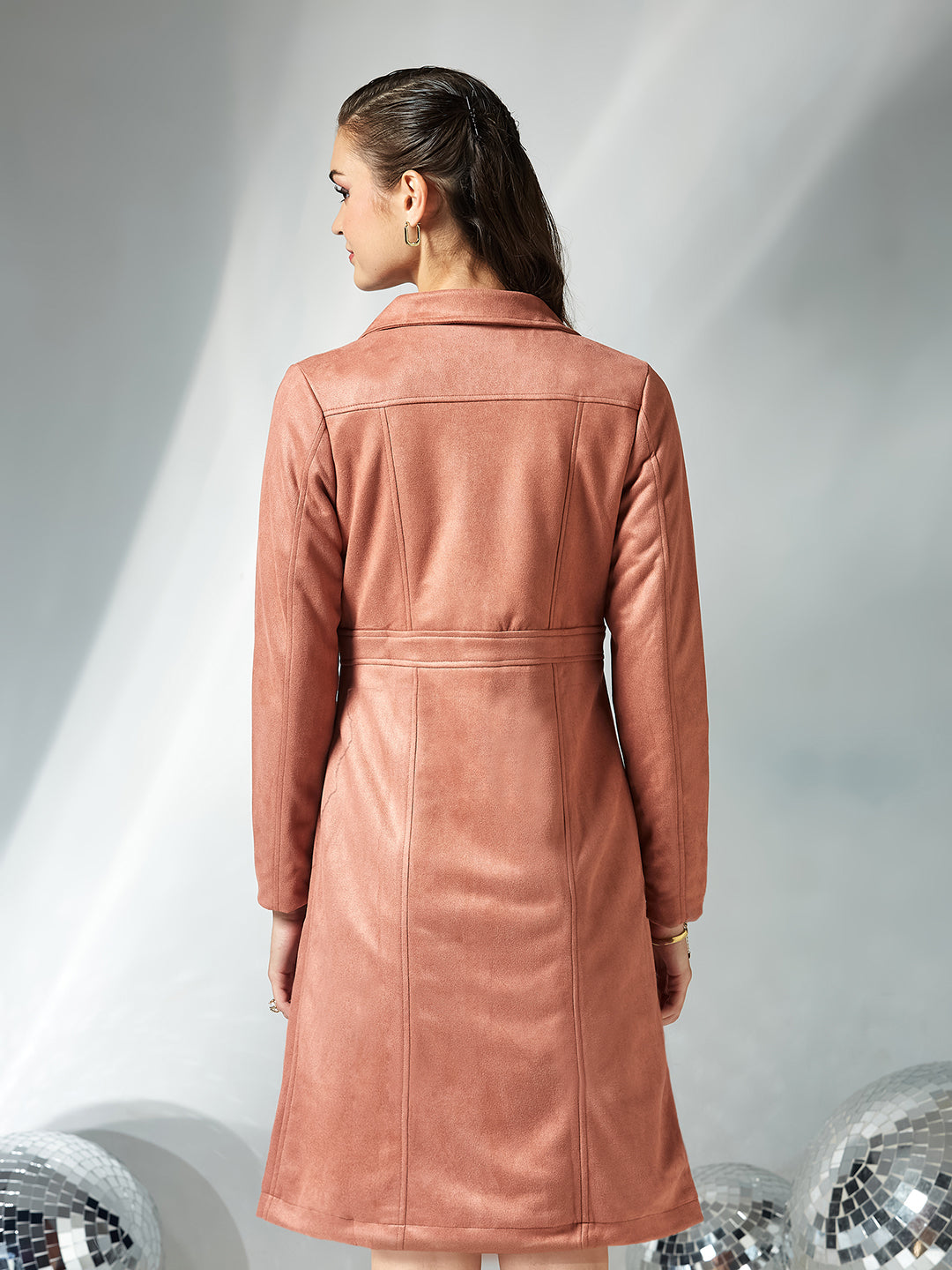 Women's Dusty Peach Shirt-Collar Full Sleeves Solid Button-down Longline Polyester Jacket
