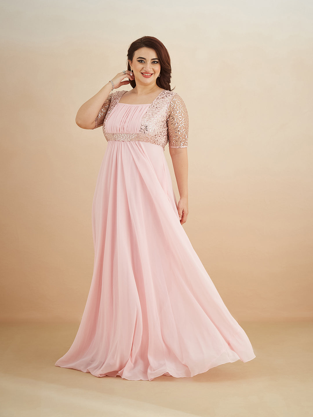 Dusty Pink Square Neck Half Sleeve Solid Embellished Maxi Dress for Women — Miss Chase A+