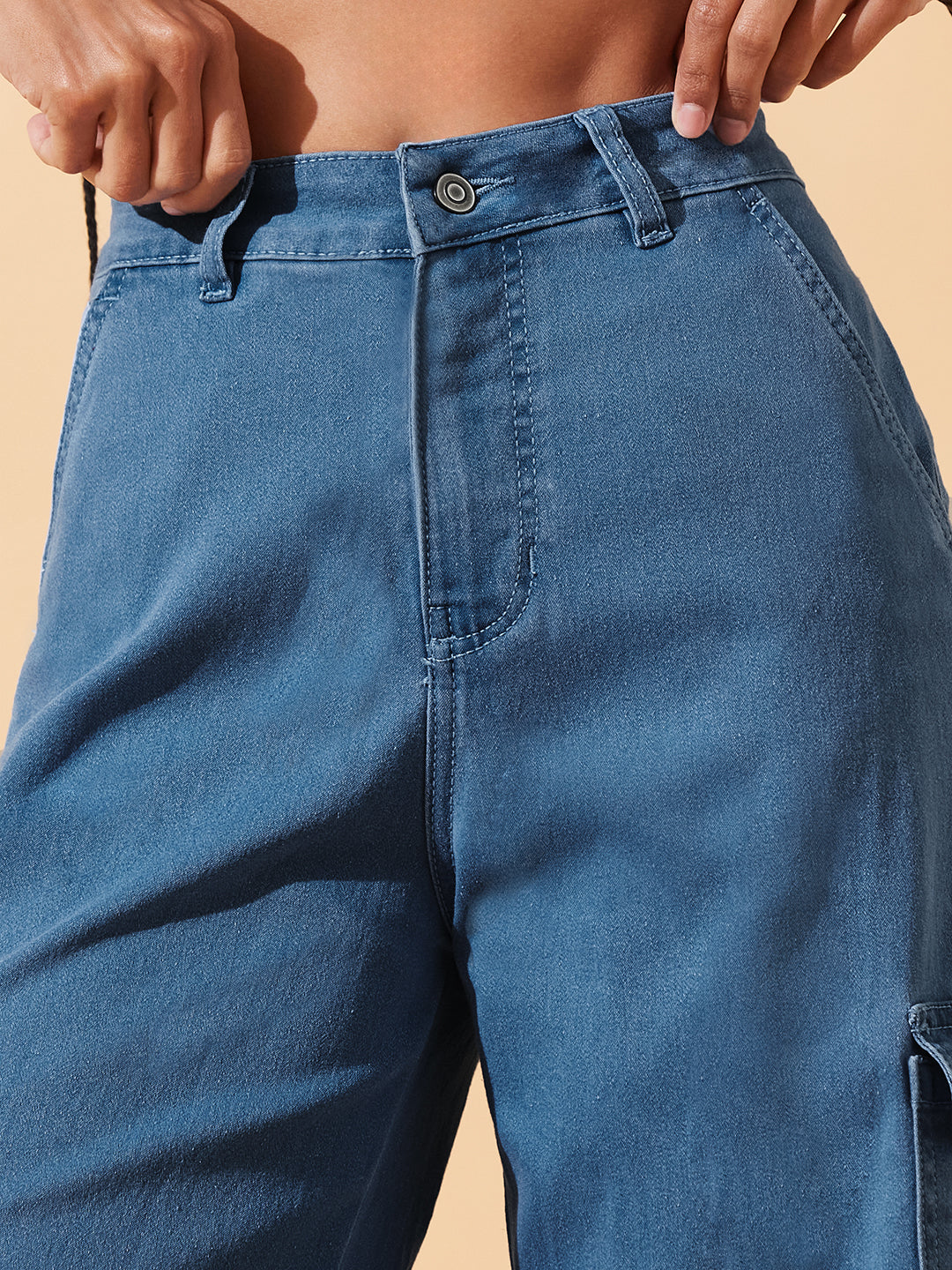 Blue Wide-Leg High-Rise Regular Stretchable Denim Jeans for Women