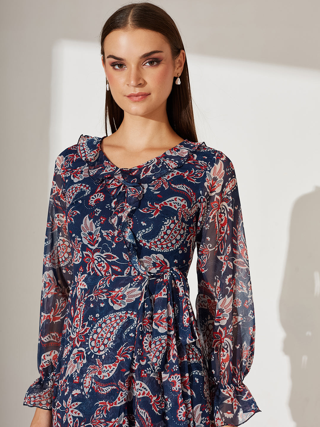 Women's Multicolored-Base-Navy Blue V Neck Full Sleeves Polyester Relaxed Fit Midi Length Dress