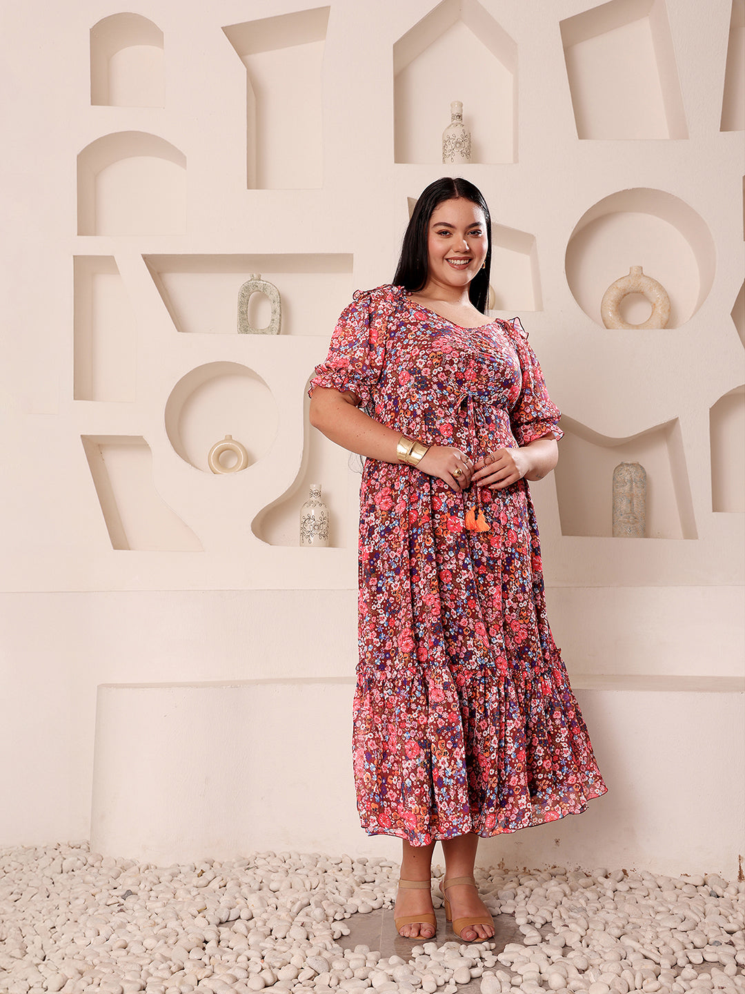 Body Bliss Multicolored-Base-Wine V-Neck Puff-Sleeves Floral Ruching Ankle-Length Dress