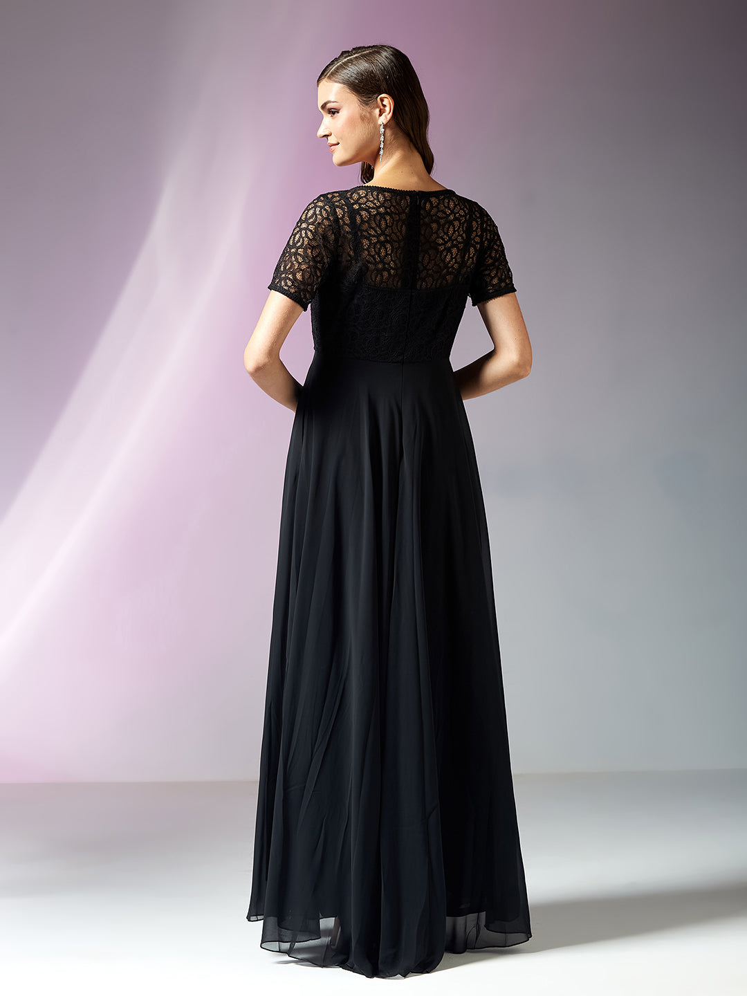 Black Short Sleeves Lace Fit and Flare Maxi Dress for Women — Miss Chase