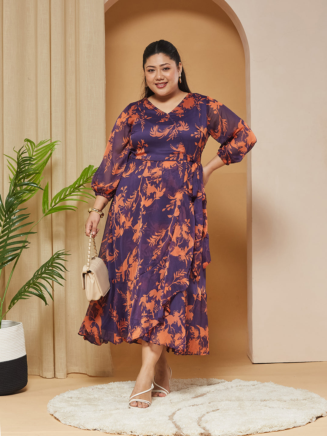 Multicolored-Base-Purple V-Neck Three-Quarter-Sleeves Floral Wrap Chiffon Midi Dress for Women