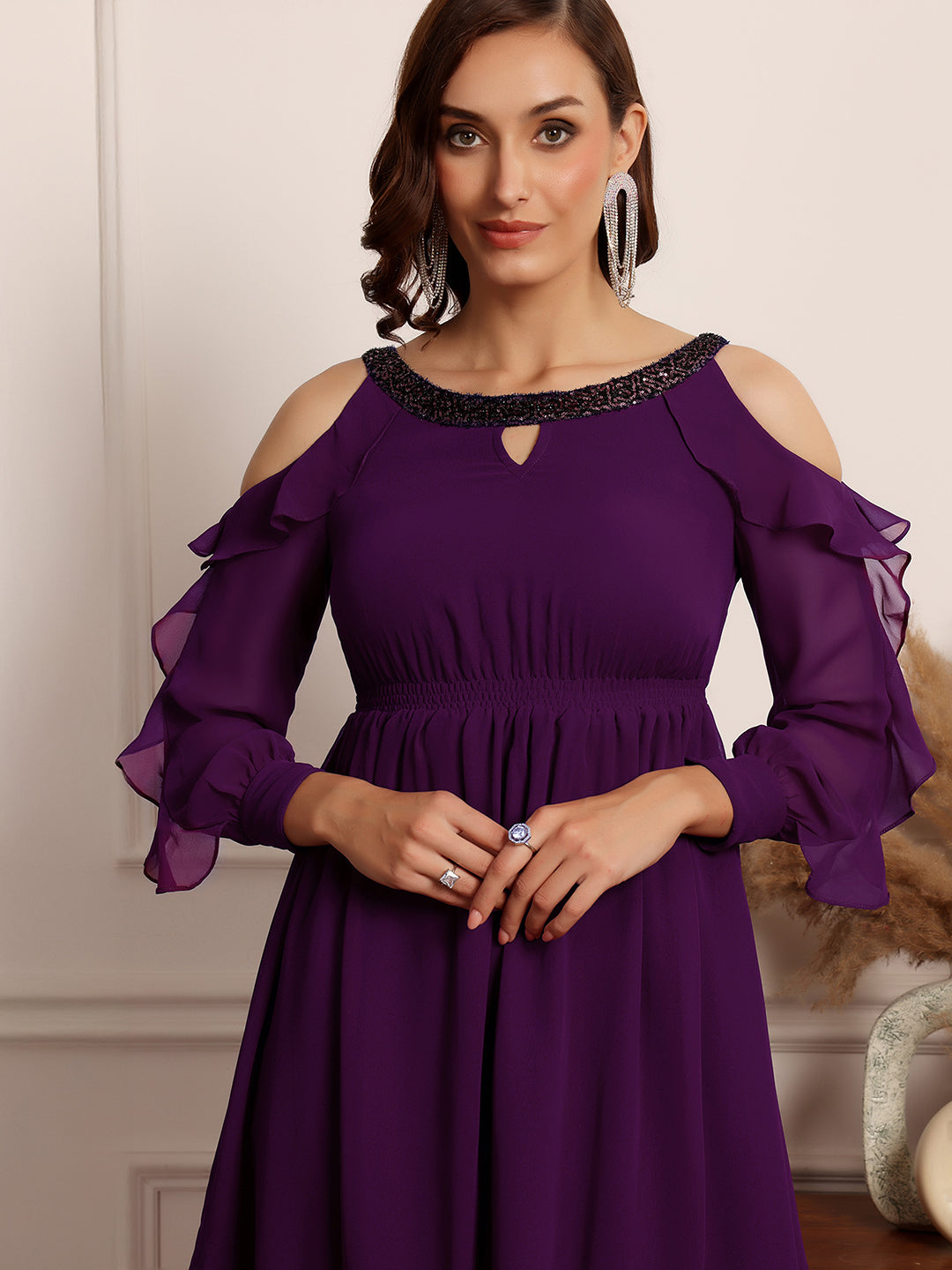 Women's Dark Purple Solid Round Neck Full Sleeves Polyester Ruffled Knee Length Dress