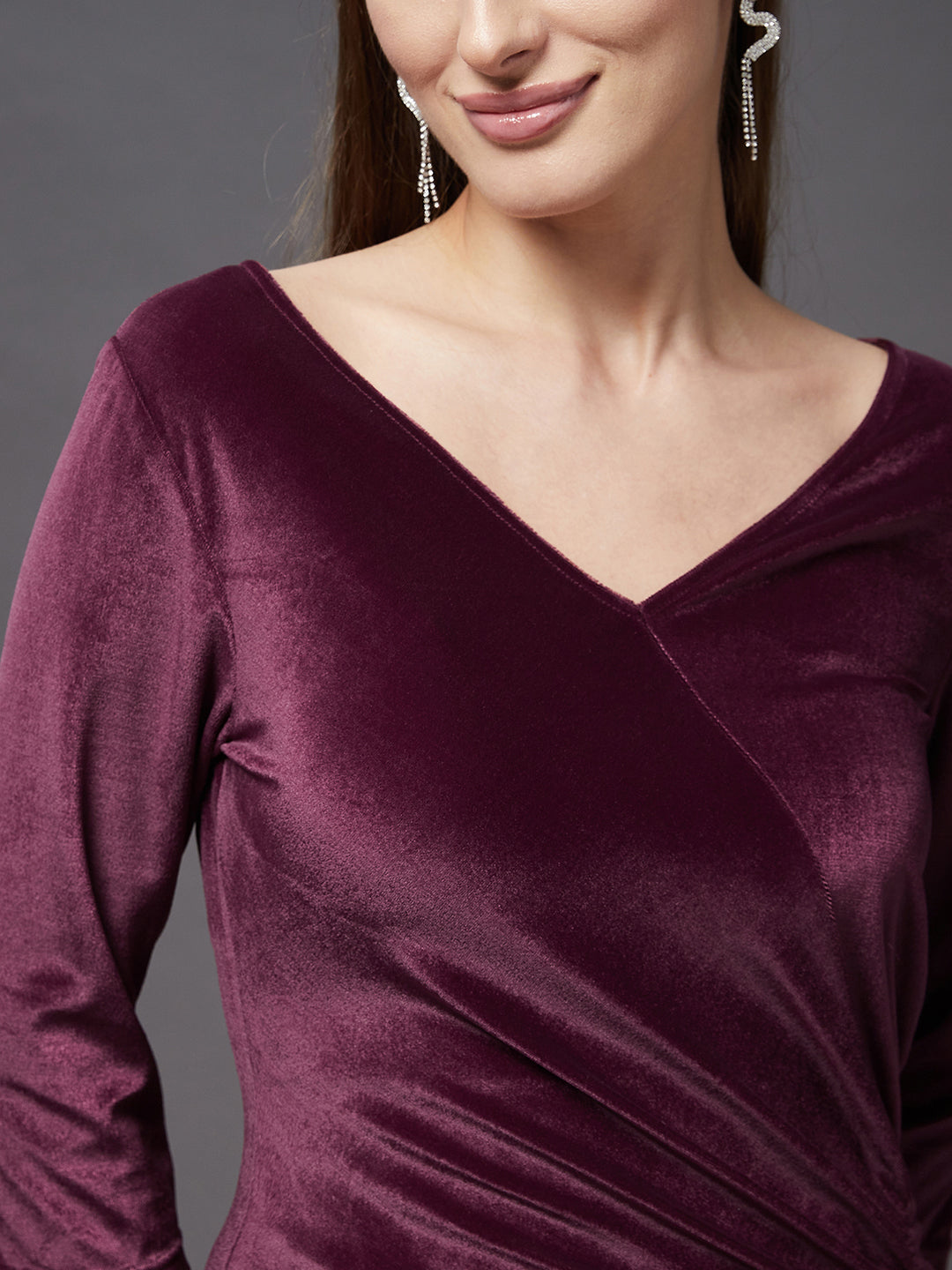 Women's Dark Mauve V Neck 3/4 Sleeve Solid Ruching Maxi Dress