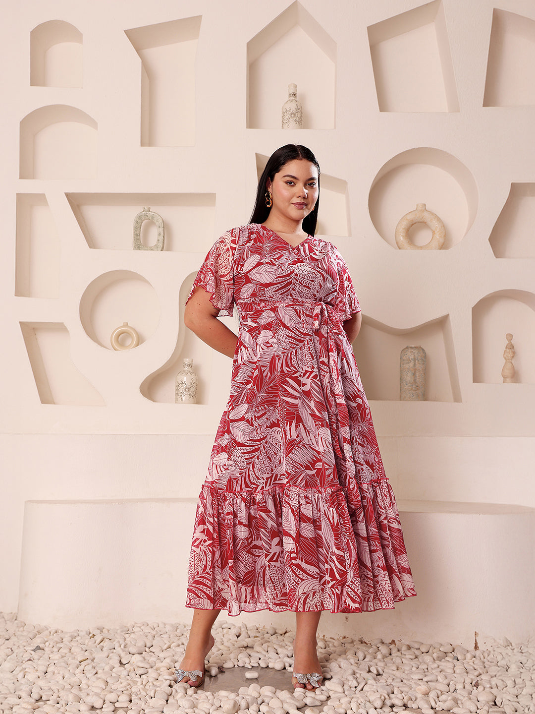 Body Bliss Multicolored-Base-Maroon V-Neck Flared Sleeve Floral Wrap Maxi Dress