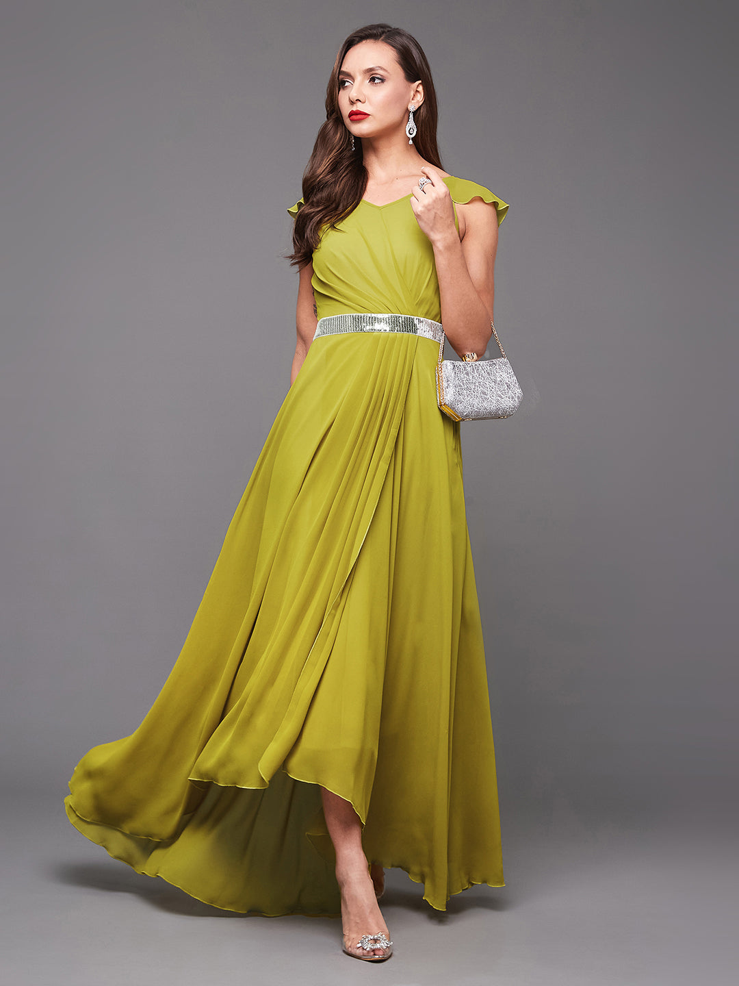 Women's Lemon Green V-Neck Ruffled Sleeve Silver Sequined Party Maxi Dress