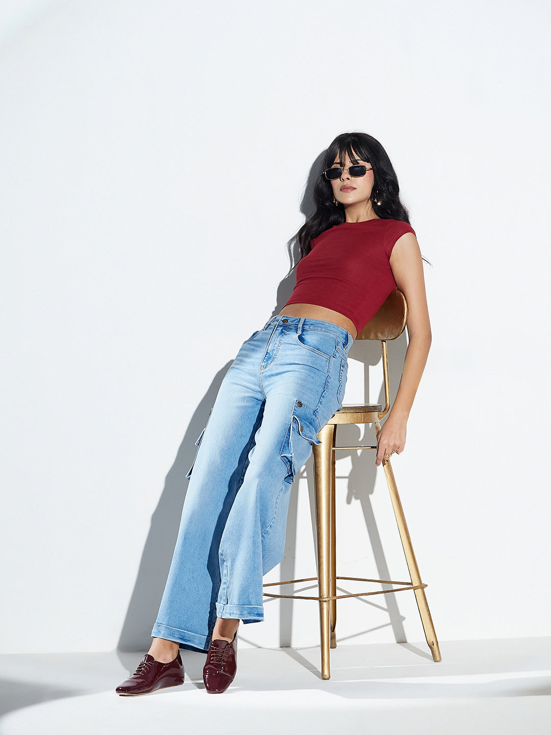 Blue Wide-Leg High-Rise Stretchable Denim Jeans for Women