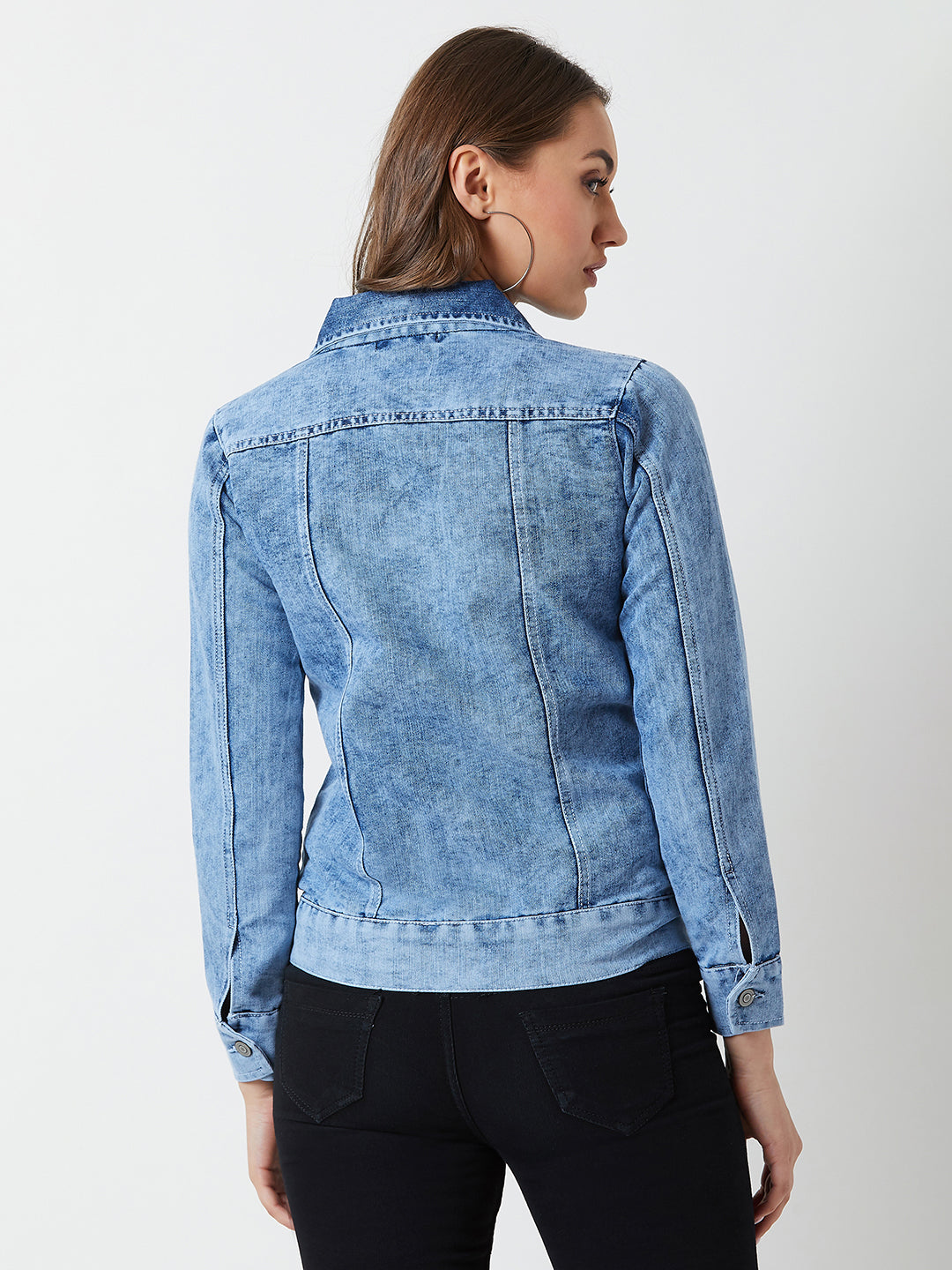 Women's Light Blue Collared Solid Full Sleeve Regular Length Denim Jacket