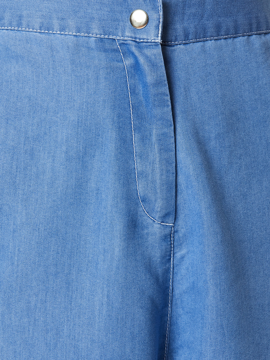 Women's Blue Flared Wide-Leg High-Rise Non Stretchable Light Weight Denim Culottes Pants