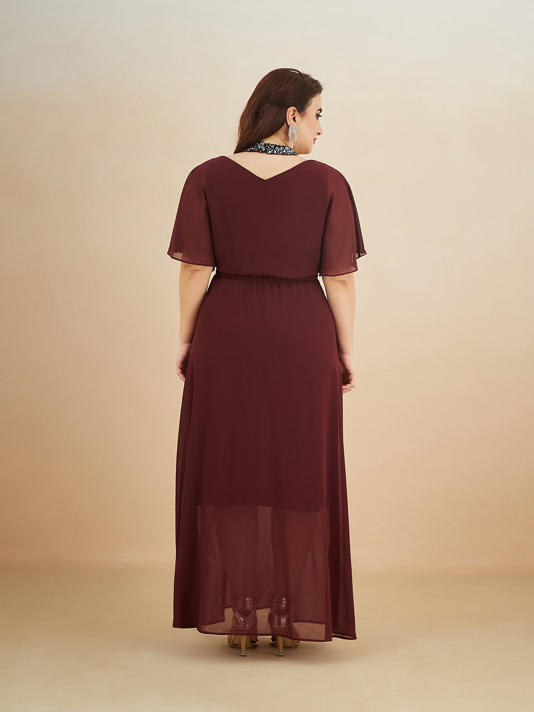 Wine Red Round Neck Flared Solid Embellished Choker/Gathered Maxi Dress for Women — Miss Chase A+