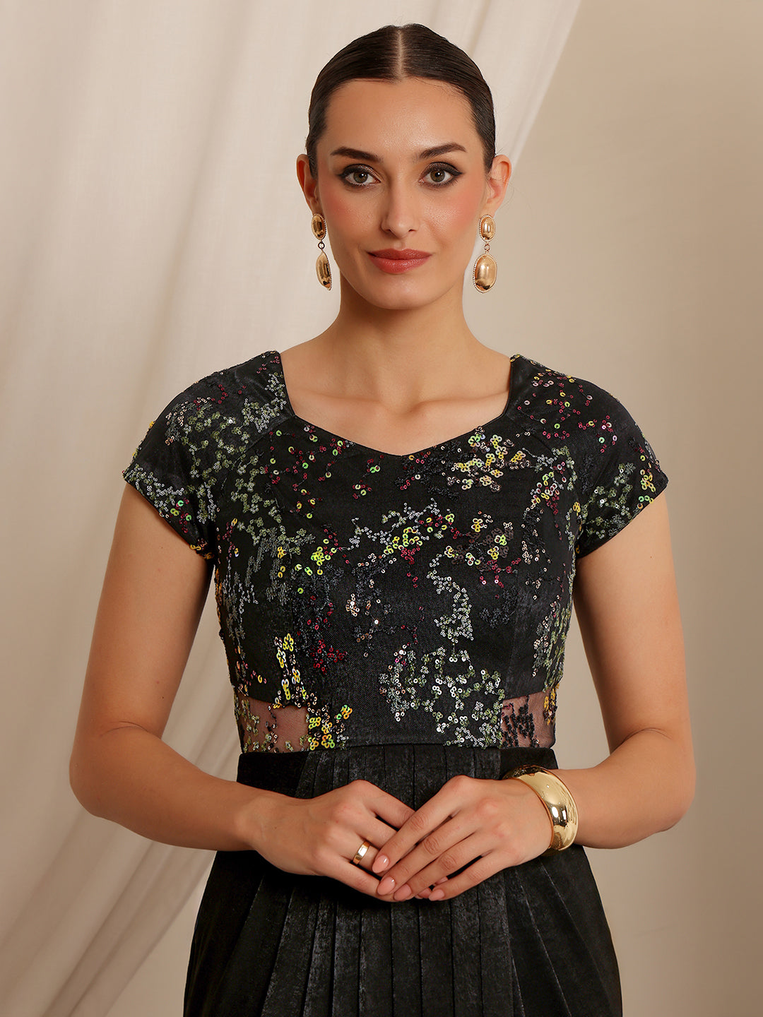 Women's Black Sweetheart-Neck Raglan-Sleeve Embellished Draped Maxi Velvet Dress